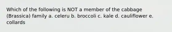 Which of the following is NOT a member of the cabbage (Brassica) family a. celeru b. broccoli c. kale d. cauliflower e. collards