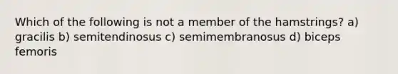 Which of the following is not a member of the hamstrings? a) gracilis b) semitendinosus c) semimembranosus d) biceps femoris