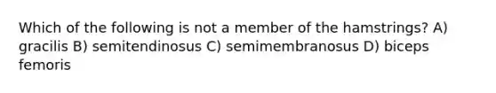 Which of the following is not a member of the hamstrings? A) gracilis B) semitendinosus C) semimembranosus D) biceps femoris