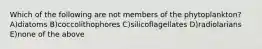 Which of the following are not members of the phytoplankton? A)diatoms B)coccolithophores C)silicoflagellates D)radiolarians E)none of the above