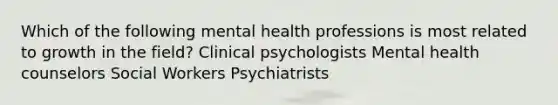 Which of the following mental health professions is most related to growth in the field? Clinical psychologists Mental health counselors Social Workers Psychiatrists