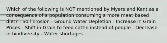 Which of the following is NOT mentioned by Myers and Kent as a consequence of a population consuming a more meat-based diet? - Soil Erosion - Ground Water Depletion - Increase in Grain Prices - Shift in Grain to feed cattle instead of people - Decrease in biodiversity - Water shortages