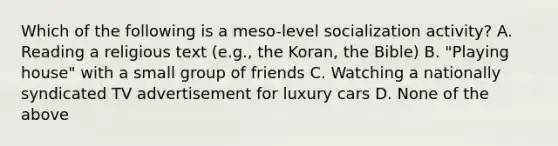 Which of the following is a meso-level socialization activity? A. Reading a religious text (e.g., the Koran, the Bible) B. "Playing house" with a small group of friends C. Watching a nationally syndicated TV advertisement for luxury cars D. None of the above