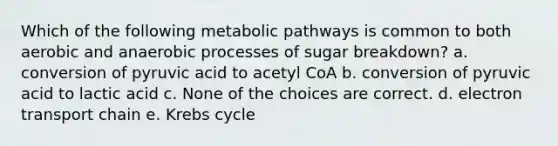 Which of the following metabolic pathways is common to both aerobic and anaerobic processes of sugar breakdown? a. conversion of pyruvic acid to acetyl CoA b. conversion of pyruvic acid to lactic acid c. None of the choices are correct. d. electron transport chain e. <a href='https://www.questionai.com/knowledge/kqfW58SNl2-krebs-cycle' class='anchor-knowledge'>krebs cycle</a>