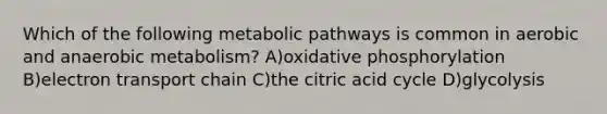 Which of the following metabolic pathways is common in aerobic and anaerobic metabolism? A)<a href='https://www.questionai.com/knowledge/kFazUb9IwO-oxidative-phosphorylation' class='anchor-knowledge'>oxidative phosphorylation</a> B)electron transport chain C)the citric acid cycle D)glycolysis