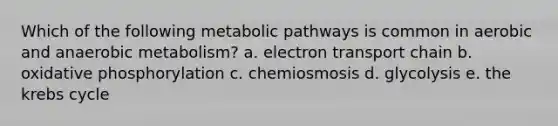 Which of the following metabolic pathways is common in aerobic and anaerobic metabolism? a. electron transport chain b. <a href='https://www.questionai.com/knowledge/kFazUb9IwO-oxidative-phosphorylation' class='anchor-knowledge'>oxidative phosphorylation</a> c. chemiosmosis d. glycolysis e. the <a href='https://www.questionai.com/knowledge/kqfW58SNl2-krebs-cycle' class='anchor-knowledge'>krebs cycle</a>