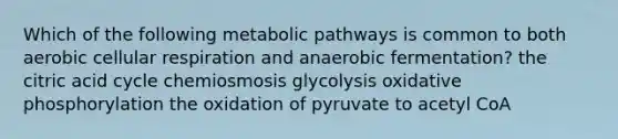 Which of the following metabolic pathways is common to both aerobic cellular respiration and anaerobic fermentation? the citric acid cycle chemiosmosis glycolysis oxidative phosphorylation the oxidation of pyruvate to acetyl CoA