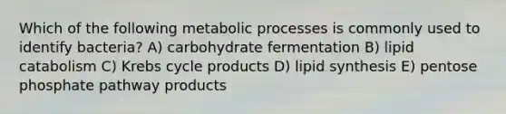 Which of the following metabolic processes is commonly used to identify bacteria? A) carbohydrate fermentation B) lipid catabolism C) Krebs cycle products D) lipid synthesis E) pentose phosphate pathway products