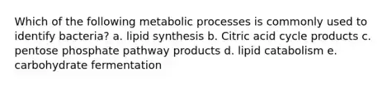 Which of the following metabolic processes is commonly used to identify bacteria? a. lipid synthesis b. Citric acid cycle products c. pentose phosphate pathway products d. lipid catabolism e. carbohydrate fermentation