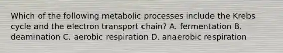 Which of the following metabolic processes include the Krebs cycle and the electron transport chain? A. fermentation B. deamination C. aerobic respiration D. anaerobic respiration