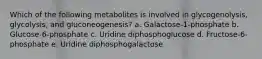 Which of the following metabolites is involved in glycogenolysis, glycolysis, and gluconeogenesis? a. Galactose-1-phosphate b. Glucose-6-phosphate c. Uridine diphosphoglucose d. Fructose-6-phosphate e. Uridine diphosphogalactose