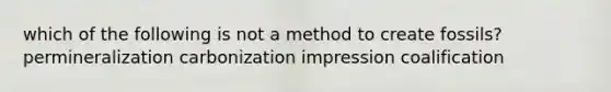 which of the following is not a method to create fossils? permineralization carbonization impression coalification