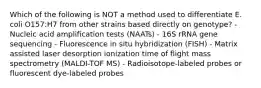 Which of the following is NOT a method used to differentiate E. coli O157:H7 from other strains based directly on genotype? - Nucleic acid amplification tests (NAATs) - 16S rRNA gene sequencing - Fluorescence in situ hybridization (FISH) - Matrix assisted laser desorption ionization time of flight mass spectrometry (MALDI-TOF MS) - Radioisotope-labeled probes or fluorescent dye-labeled probes