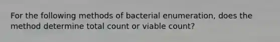 For the following methods of bacterial enumeration, does the method determine total count or viable count?