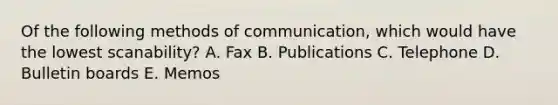 Of the following methods of​ communication, which would have the lowest​ scanability? A. Fax B. Publications C. Telephone D. Bulletin boards E. Memos