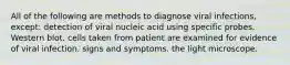 All of the following are methods to diagnose viral infections, except: detection of viral nucleic acid using specific probes. Western blot. cells taken from patient are examined for evidence of viral infection. signs and symptoms. the light microscope.