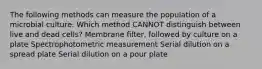 The following methods can measure the population of a microbial culture. Which method CANNOT distinguish between live and dead cells? Membrane filter, followed by culture on a plate Spectrophotometric measurement Serial dilution on a spread plate Serial dilution on a pour plate