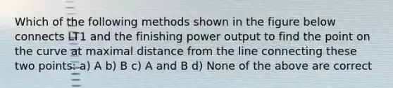 Which of the following methods shown in the figure below connects LT1 and the finishing power output to find the point on the curve at maximal distance from the line connecting these two points: a) A b) B c) A and B d) None of the above are correct