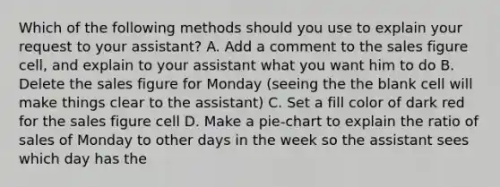 Which of the following methods should you use to explain your request to your assistant? A. Add a comment to the sales figure cell, and explain to your assistant what you want him to do B. Delete the sales figure for Monday (seeing the the blank cell will make things clear to the assistant) C. Set a fill color of dark red for the sales figure cell D. Make a pie-chart to explain the ratio of sales of Monday to other days in the week so the assistant sees which day has the