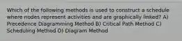 Which of the following methods is used to construct a schedule where nodes represent activities and are graphically linked? A) Precedence Diagramming Method B) Critical Path Method C) Scheduling Method D) Diagram Method