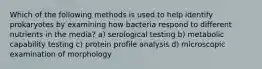 Which of the following methods is used to help identify prokaryotes by examining how bacteria respond to different nutrients in the media? a) serological testing b) metabolic capability testing c) protein profile analysis d) microscopic examination of morphology