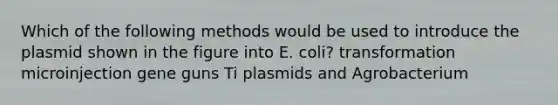 Which of the following methods would be used to introduce the plasmid shown in the figure into E. coli? transformation microinjection gene guns Ti plasmids and Agrobacterium