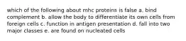 which of the following about mhc proteins is false a. bind complement b. allow the body to differentiate its own cells from foreign cells c. function in antigen presentation d. fall into two major classes e. are found on nucleated cells