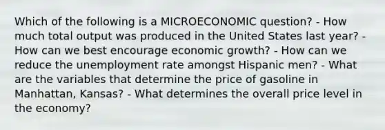 Which of the following is a MICROECONOMIC question? - How much total output was produced in the United States last year? - How can we best encourage economic growth? - How can we reduce the unemployment rate amongst Hispanic men? - What are the variables that determine the price of gasoline in Manhattan, Kansas? - What determines the overall price level in the economy?