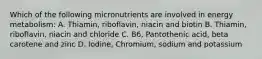 Which of the following micronutrients are involved in energy metabolism: A. Thiamin, riboflavin, niacin and biotin B. Thiamin, riboflavin, niacin and chloride C. B6, Pantothenic acid, beta carotene and zinc D. Iodine, Chromium, sodium and potassium