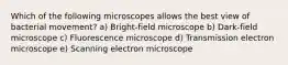 Which of the following microscopes allows the best view of bacterial movement? a) Bright-field microscope b) Dark-field microscope c) Fluorescence microscope d) Transmission electron microscope e) Scanning electron microscope