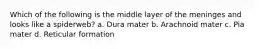 Which of the following is the middle layer of the meninges and looks like a spiderweb? a. Dura mater b. Arachnoid mater c. Pia mater d. Reticular formation