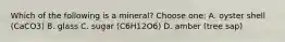 Which of the following is a mineral? Choose one: A. oyster shell (CaCO3) B. glass C. sugar (C6H12O6) D. amber (tree sap)