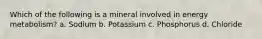 Which of the following is a mineral involved in energy metabolism? a. Sodium b. Potassium c. Phosphorus d. Chloride