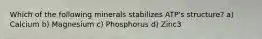 Which of the following minerals stabilizes ATP's structure? a) Calcium b) Magnesium c) Phosphorus d) Zinc3