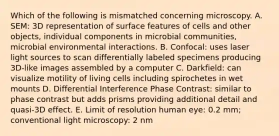 Which of the following is mismatched concerning microscopy. A. SEM: 3D representation of surface features of cells and other objects, individual components in microbial communities, microbial environmental interactions. B. Confocal: uses laser light sources to scan differentially labeled specimens producing 3D-like images assembled by a computer C. Darkfield: can visualize motility of living cells including spirochetes in wet mounts D. Differential Interference Phase Contrast: similar to phase contrast but adds prisms providing additional detail and quasi-3D effect. E. Limit of resolution human eye: 0.2 mm; conventional light microscopy: 2 nm