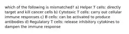 which of the following is mismatched? a) Helper T cells: directly target and kill cancer cells b) Cytotoxic T cells: carry out cellular immune responses c) B cells: can be activated to produce antibodies d) Regulatory T cells: release inhibitory cytokines to dampen the immune response