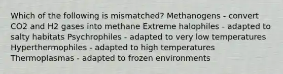 Which of the following is mismatched? Methanogens - convert CO2 and H2 gases into methane Extreme halophiles - adapted to salty habitats Psychrophiles - adapted to very low temperatures Hyperthermophiles - adapted to high temperatures Thermoplasmas - adapted to frozen environments