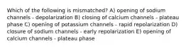 Which of the following is mismatched? A) opening of sodium channels - depolarization B) closing of calcium channels - plateau phase C) opening of potassium channels - rapid repolarization D) closure of sodium channels - early repolarization E) opening of calcium channels - plateau phase
