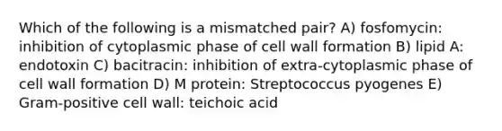 Which of the following is a mismatched pair? A) fosfomycin: inhibition of cytoplasmic phase of cell wall formation B) lipid A: endotoxin C) bacitracin: inhibition of extra-cytoplasmic phase of cell wall formation D) M protein: Streptococcus pyogenes E) Gram-positive cell wall: teichoic acid