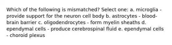 Which of the following is mismatched? Select one: a. microglia - provide support for the neuron cell body b. astrocytes - blood-brain barrier c. oligodendrocytes - form myelin sheaths d. ependymal cells - produce cerebrospinal fluid e. ependymal cells - choroid plexus