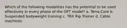 Which of the following modalities has the potential to be used effectively in every phase of the OPT model? a. Terra-Core b. Suspended bodyweight training c. TRX Rip Trainer d. Cable machines