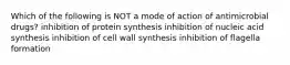 Which of the following is NOT a mode of action of antimicrobial drugs? inhibition of protein synthesis inhibition of nucleic acid synthesis inhibition of cell wall synthesis inhibition of flagella formation