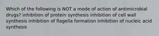 Which of the following is NOT a mode of action of antimicrobial drugs? inhibition of protein synthesis inhibition of cell wall synthesis inhibition of flagella formation inhibition of nucleic acid synthesis