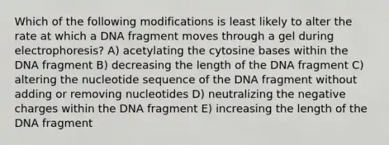 Which of the following modifications is least likely to alter the rate at which a DNA fragment moves through a gel during electrophoresis? A) acetylating the cytosine bases within the DNA fragment B) decreasing the length of the DNA fragment C) altering the nucleotide sequence of the DNA fragment without adding or removing nucleotides D) neutralizing the negative charges within the DNA fragment E) increasing the length of the DNA fragment