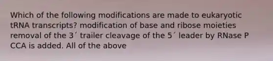 Which of the following modifications are made to eukaryotic tRNA transcripts? modification of base and ribose moieties removal of the 3´ trailer cleavage of the 5´ leader by RNase P CCA is added. All of the above