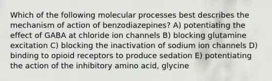 Which of the following molecular processes best describes the mechanism of action of benzodiazepines? A) potentiating the effect of GABA at chloride ion channels B) blocking glutamine excitation C) blocking the inactivation of sodium ion channels D) binding to opioid receptors to produce sedation E) potentiating the action of the inhibitory amino acid, glycine