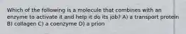 Which of the following is a molecule that combines with an enzyme to activate it and help it do its job? A) a transport protein B) collagen C) a coenzyme D) a prion