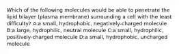 Which of the following molecules would be able to penetrate the lipid bilayer (plasma membrane) surrounding a cell with the least difficulty? A:a small, hydrophobic, negatively-charged molecule B:a large, hydrophilic, neutral molecule C:a small, hydrophilic, positively-charged molecule D:a small, hydrophobic, uncharged molecule