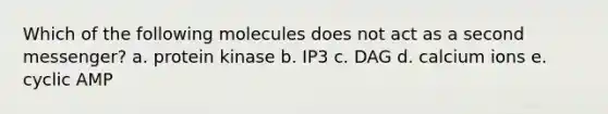 Which of the following molecules does not act as a second messenger? a. protein kinase b. IP3 c. DAG d. calcium ions e. cyclic AMP