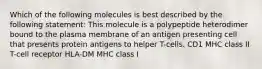 Which of the following molecules is best described by the following statement: This molecule is a polypeptide heterodimer bound to the plasma membrane of an antigen presenting cell that presents protein antigens to helper T-cells. CD1 MHC class II T-cell receptor HLA-DM MHC class I